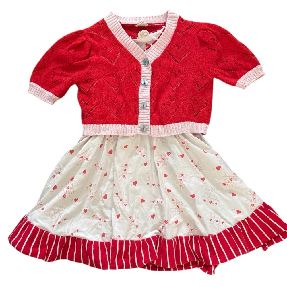 Red and White Heart Pattern Midi Dress and Sweater, Size 8,